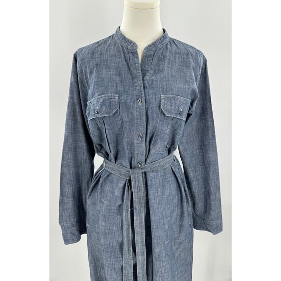 Gap Chambray Denim Dress Large Shirtdress Blue Cotton Button up Tie Waist L - Picture 1 of 9